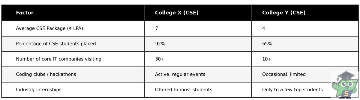 Sample comparison of CSE branch strength and placements between two private engineering colleges.