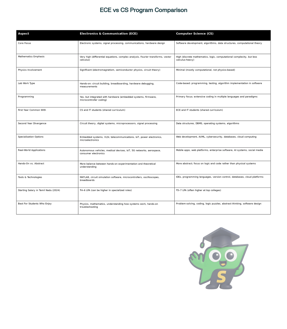 Comparison table of ECE and CS engineering branches showing curriculum focus, mathematics emphasis, lab work types, real-world applications, and suitability for different student interests.