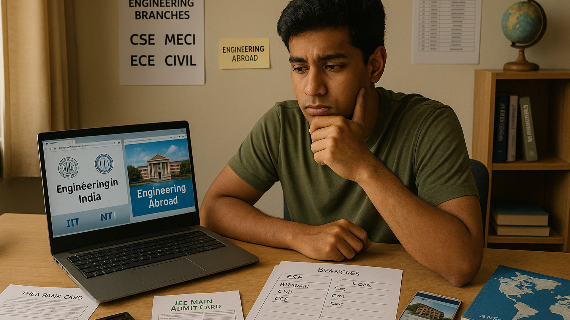 Tamil Nadu Class 12 student comparing engineering branch opportunities in India and abroad at study desk with laptop, TNEA rank card, and college brochures
