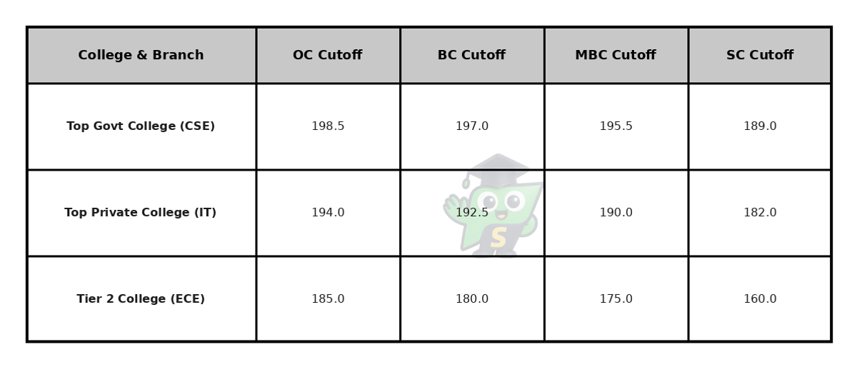 Comparison table of TNEA engineering cutoffs for different community categories like OC BC and SC.