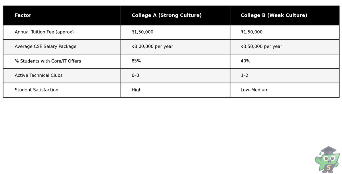 Comparison of two engineering colleges showing how strong engineering culture improves placements and return on investment.