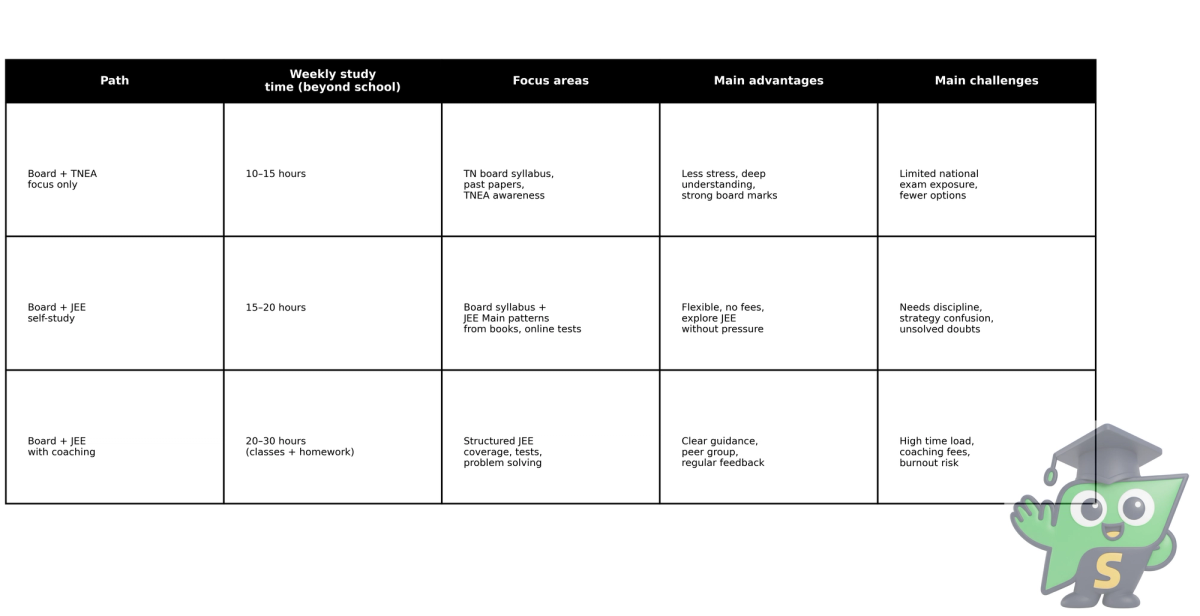 Comparison of three engineering preparation paths for Tamil Nadu students, showing study time, focus, advantages and challenges.