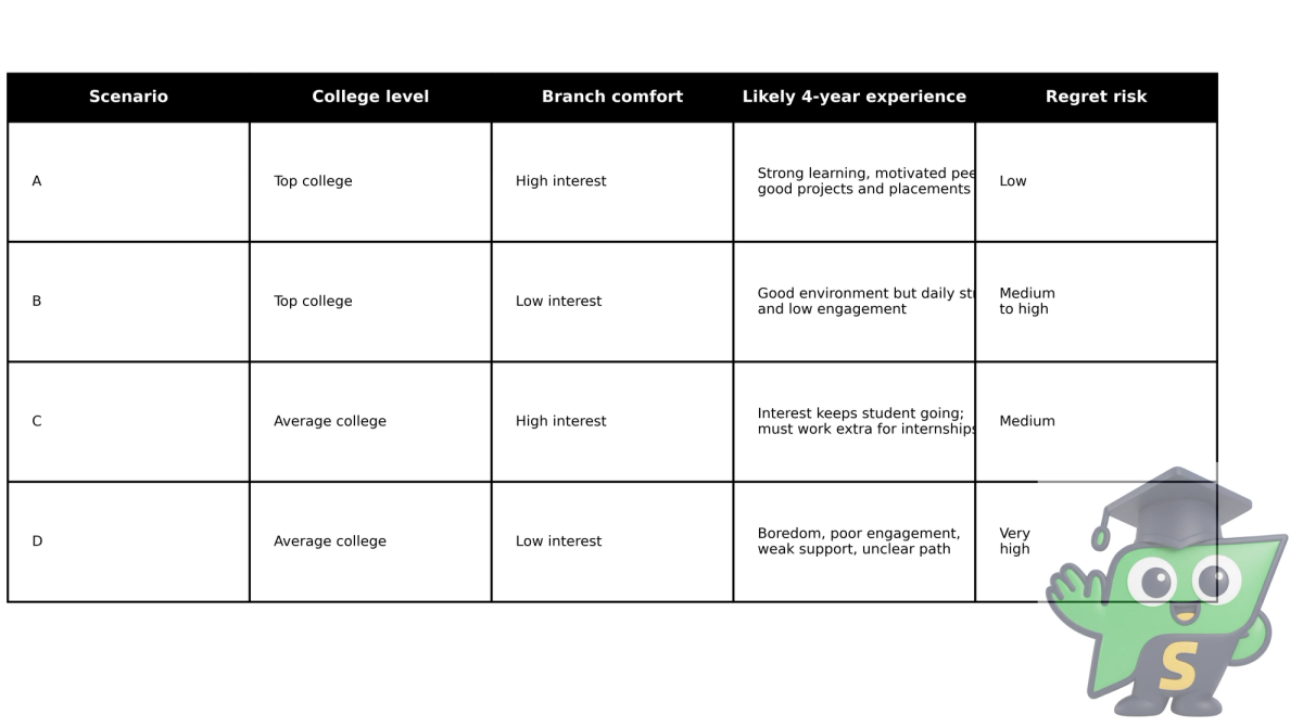 Black and white table showing four scenarios of college level and branch interest with different regret risk levels.
