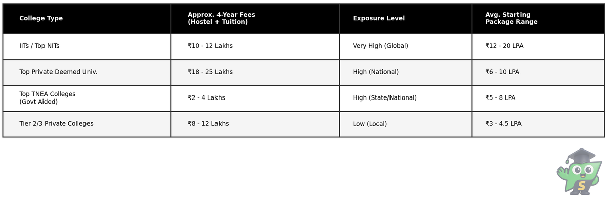 Comparison table of engineering fees and return on investment across IITs, NITs, Deemed Universities, and TNEA colleges.