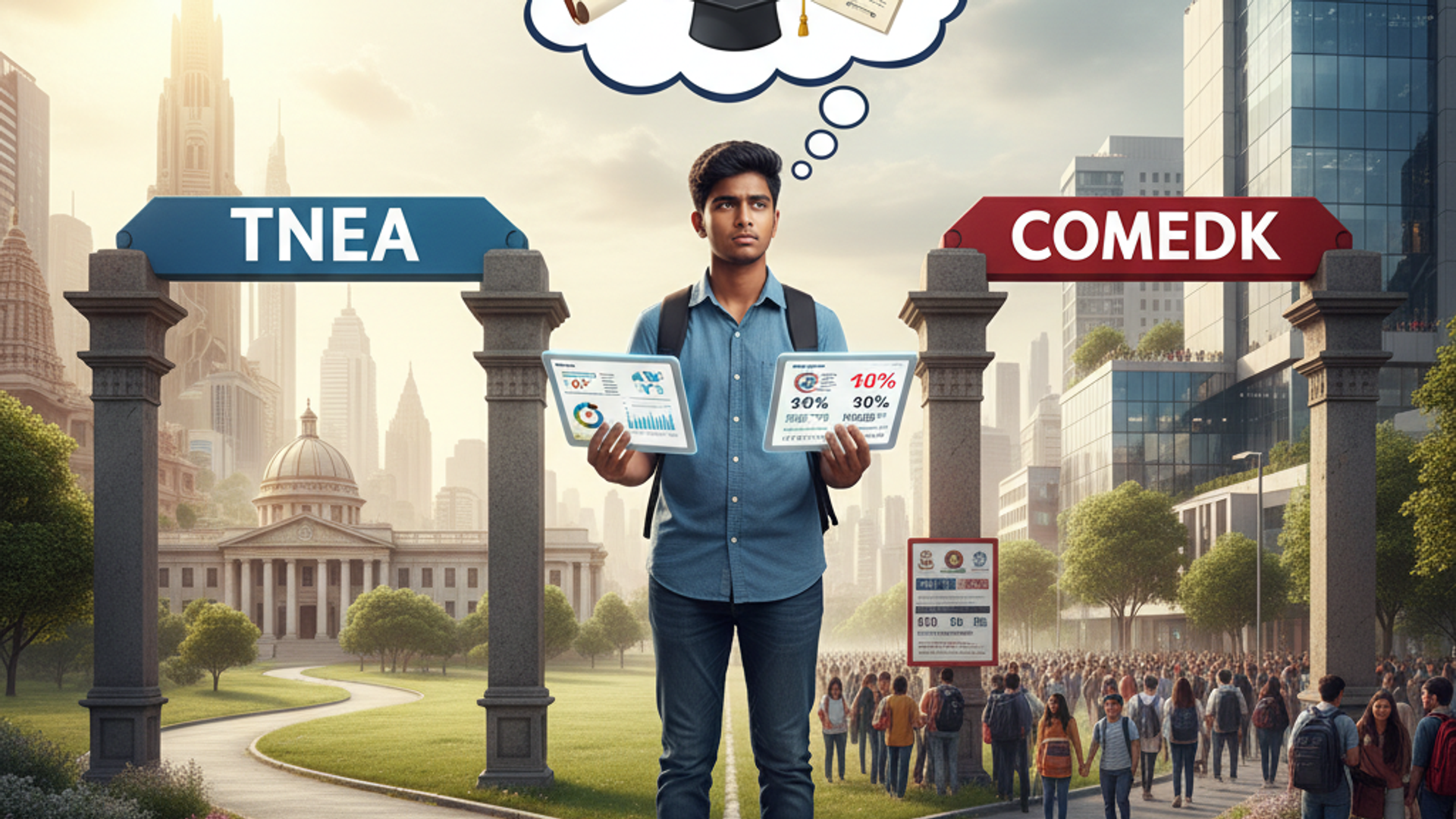 A student stands at a crossroads sign labeled “TNEA” and “COMEDK,” thoughtfully considering which engineering admission path to choose.