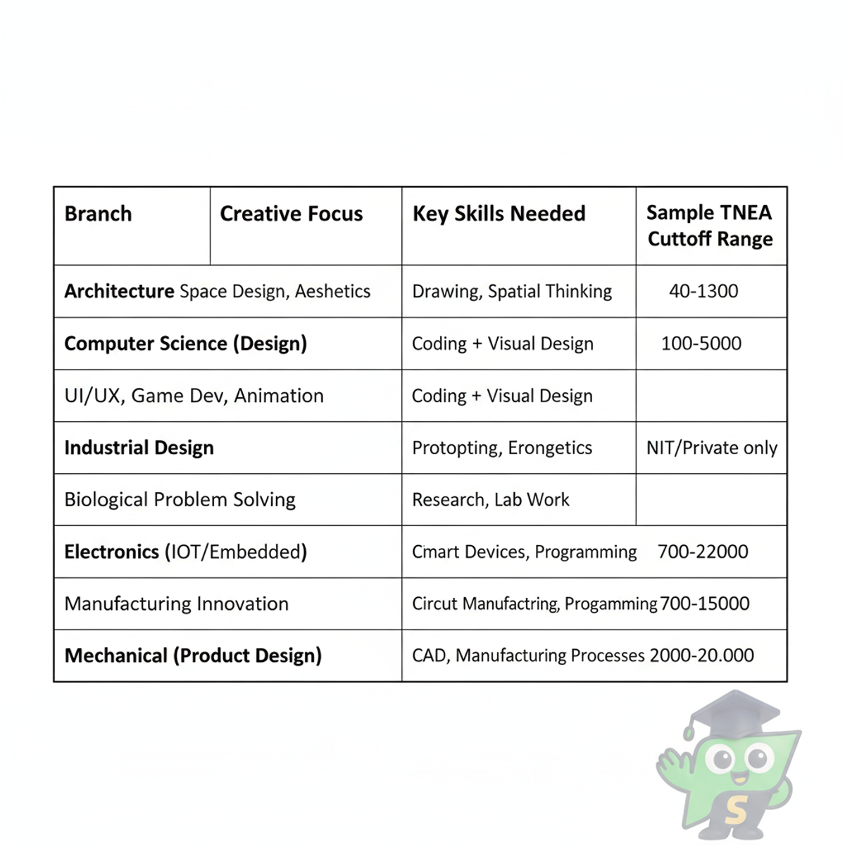 Comparison table showing six engineering branches suitable for creative students with their creative focus areas, required skills, and TNEA cutoff ranges in Tamil Nadu