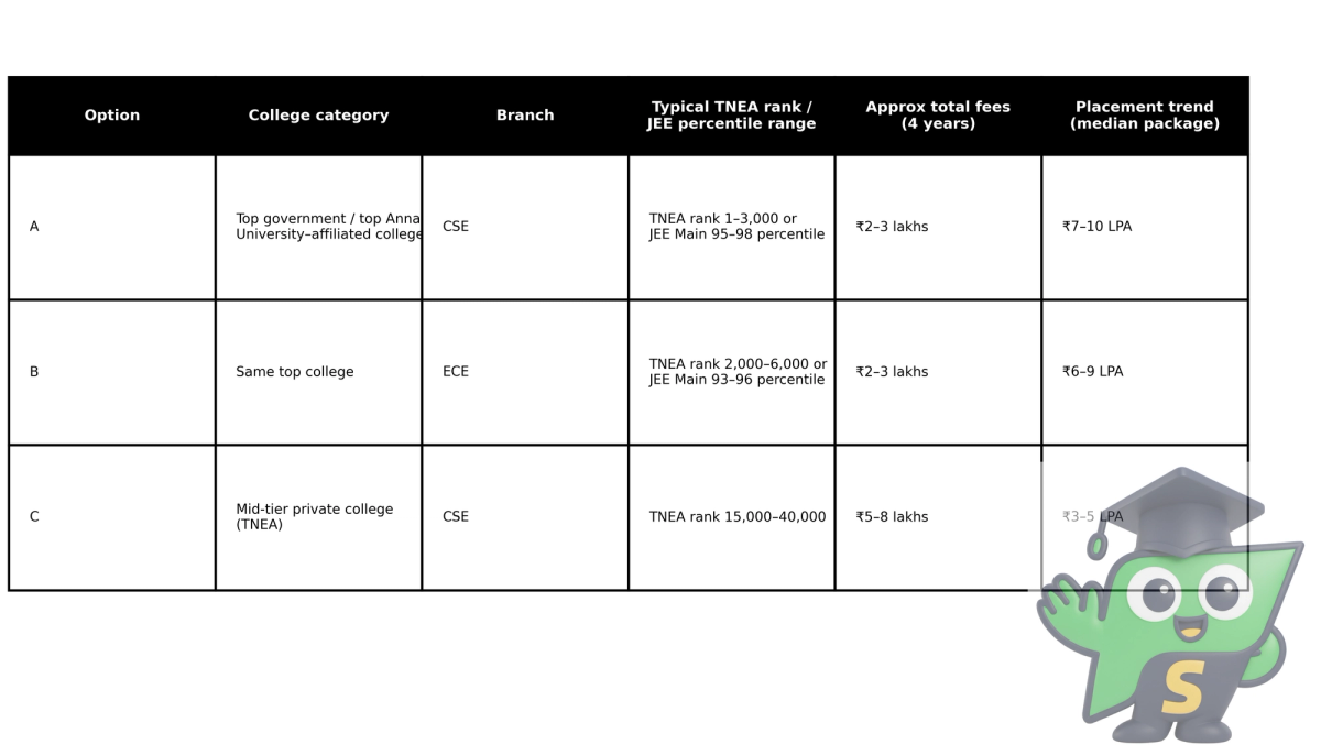 Comparison table showing how college type, branch, cutoffs, fees and placements change the overall value of an engineering option for Tamil Nadu students.