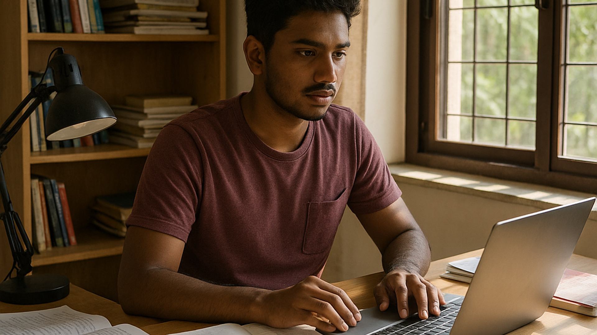 A Tamil Nadu engineering student's modern, well-lit study room during daytime. Natural sunlight streams through a window. The room shows a study desk with a laptop, open notebooks, and scattered college materials.