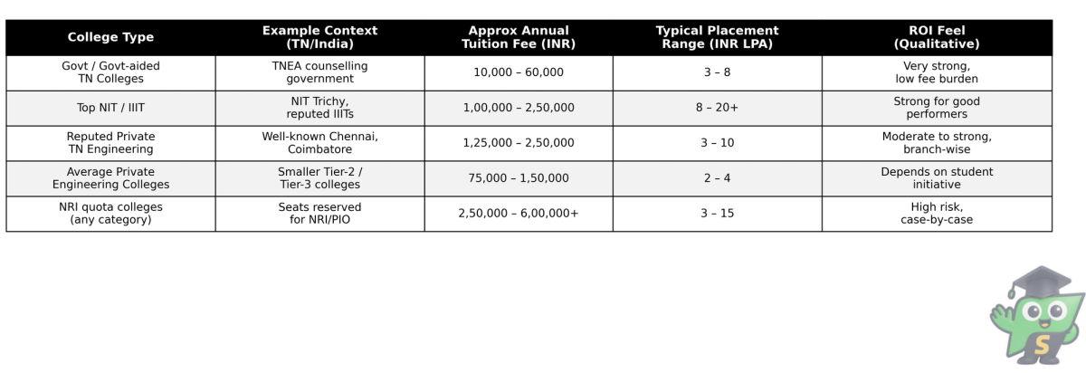 Black and white comparison table showing fees, placement ranges, and ROI for different types of engineering colleges in India.