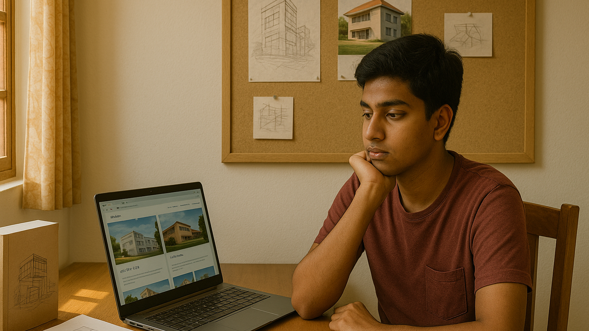 Tamil Nadu Class 12 student at study desk surrounded by engineering books and creative design materials, looking thoughtfully at college options on laptop with Prof Sam brochure visible
