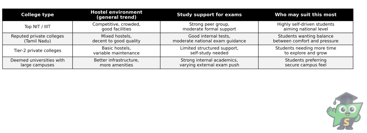 Black and white table comparing hostel and academic balance across different types of engineering colleges as explained by Prof Sam.