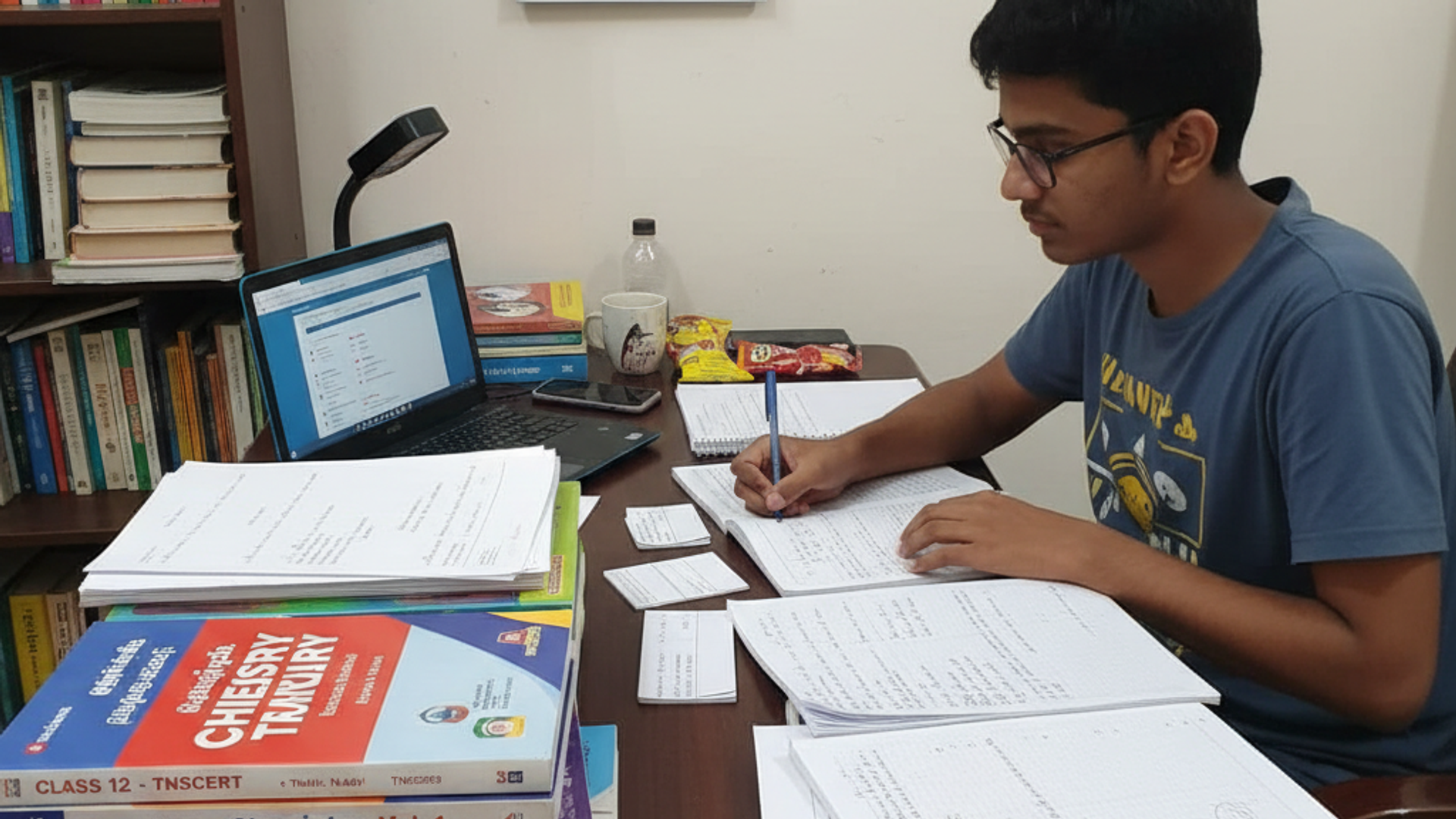 A focused student studying with TNSCERT Class 12 textbooks, notebooks, and online resources at a desk, preparing for Tamil Nadu board exams and TNEA admissions.