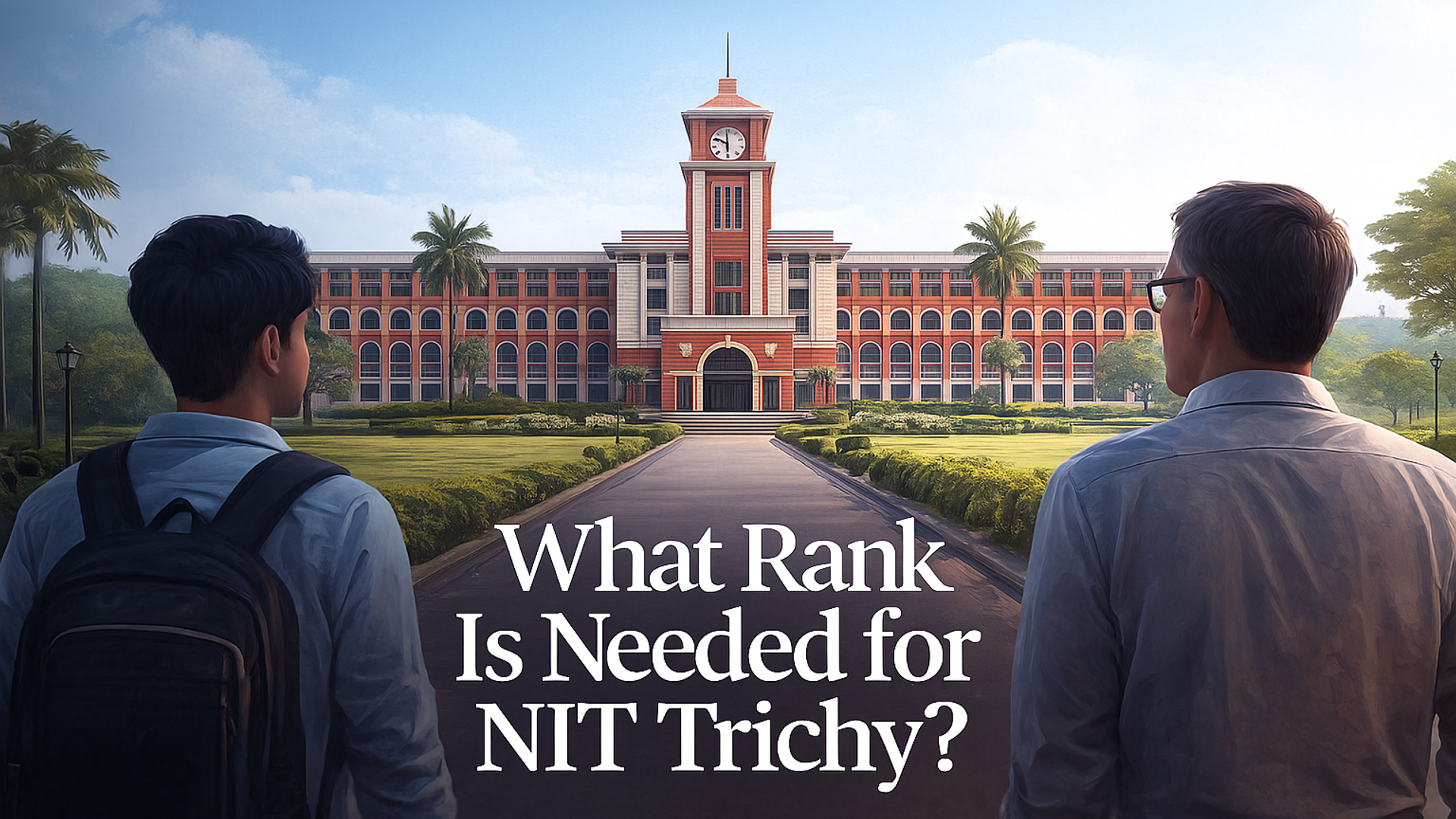 Two students with backpacks look toward the iconic NIT Trichy campus entrance, considering the JEE Main rank required for NIT Trichy admission.