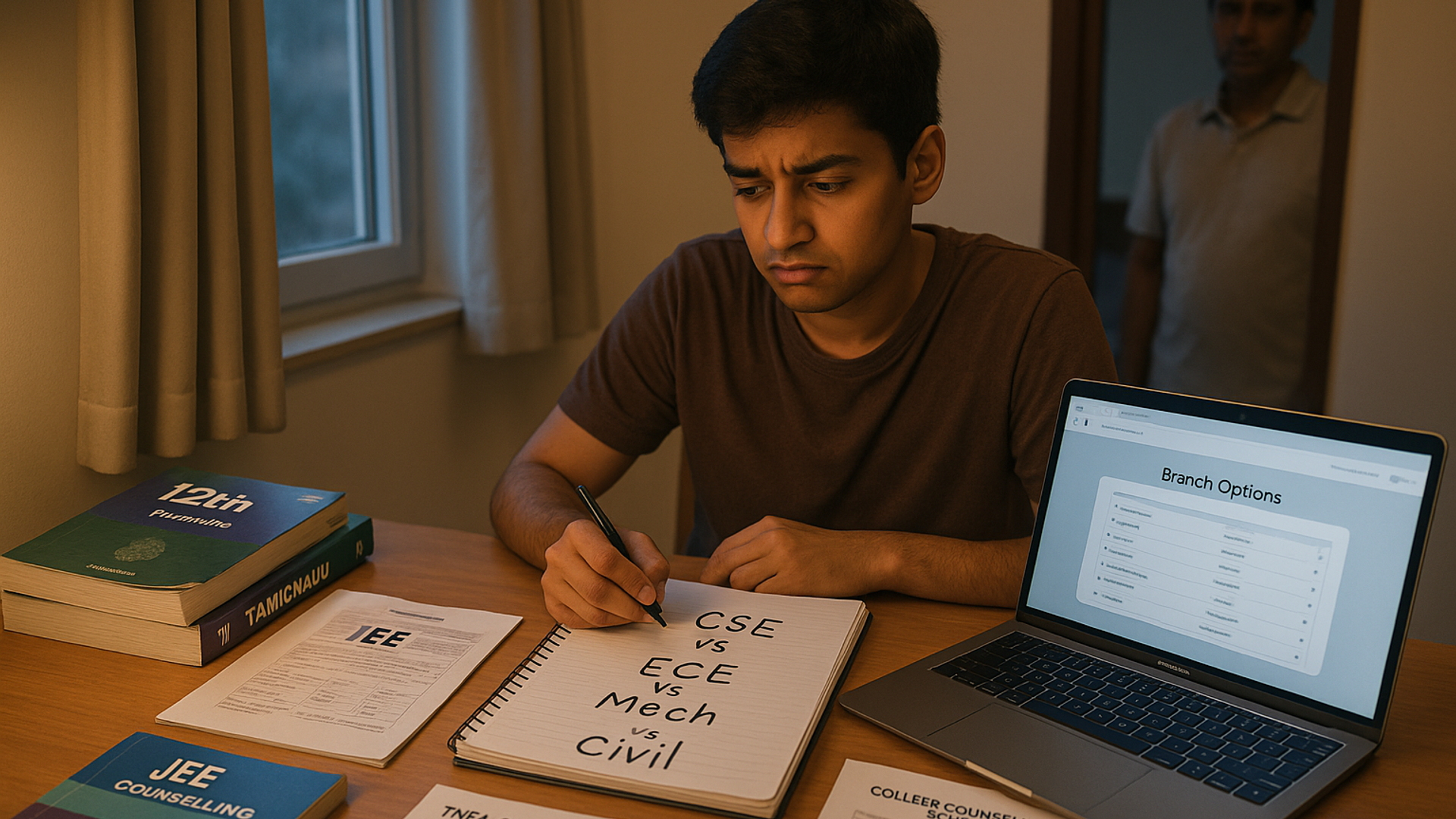 Tamil Nadu Class 12 introvert student thinking about CSE, ECE, and other engineering branches at a study table with exam papers and laptop.
