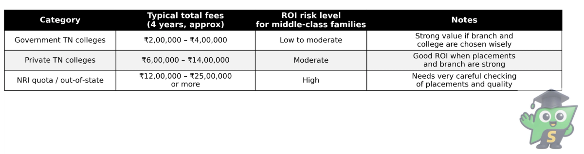 Black and white table comparing government, private, and NRI quota or out‑of‑state engineering options by total four‑year fees and ROI risk.