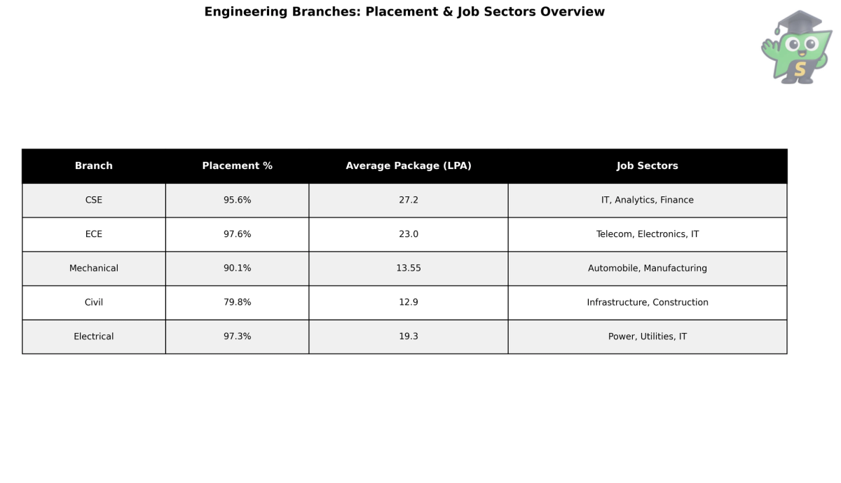 NIT Trichy 2024 branch-wise placement statistics showing percentage placed and average salary packages for major engineering branches with job sectors