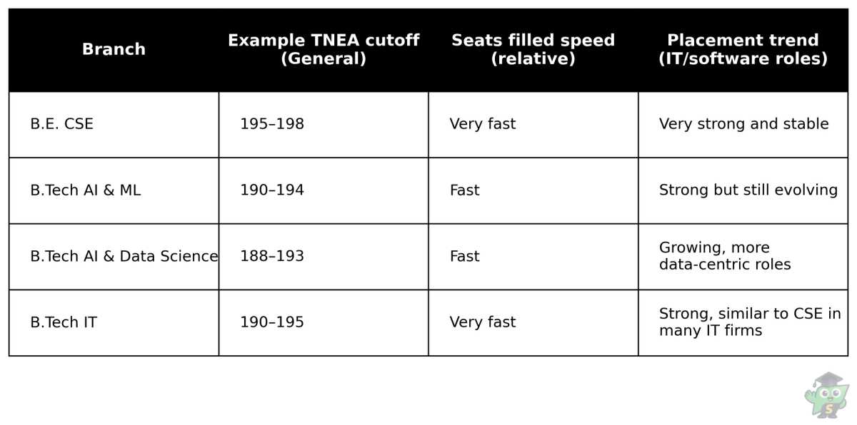 Sample TNEA cutoffs and placement trends comparing CSE, AI & ML, AI & DS, and IT branches in a strong Tamil Nadu engineering college.