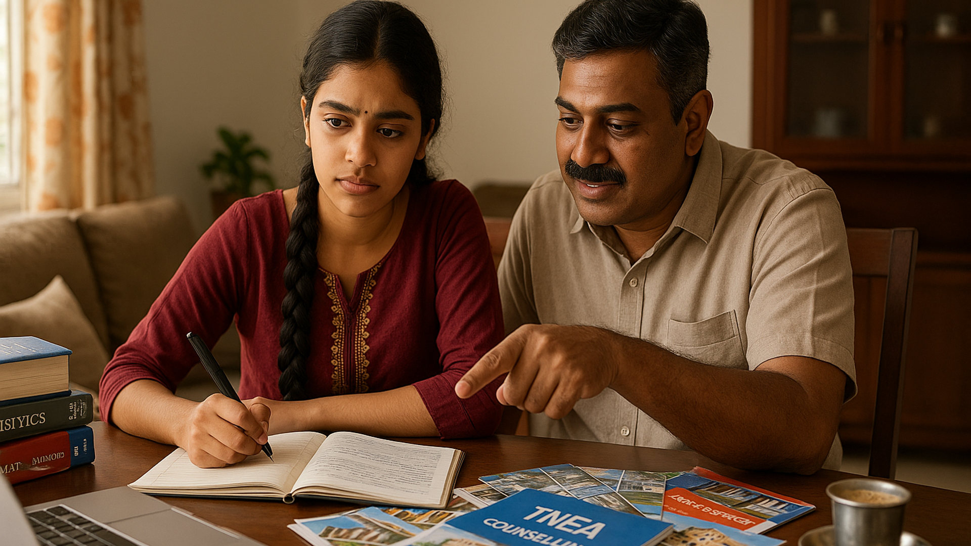 A Tamil Nadu father and daughter discussing engineering college options and brochures at their home dining table.