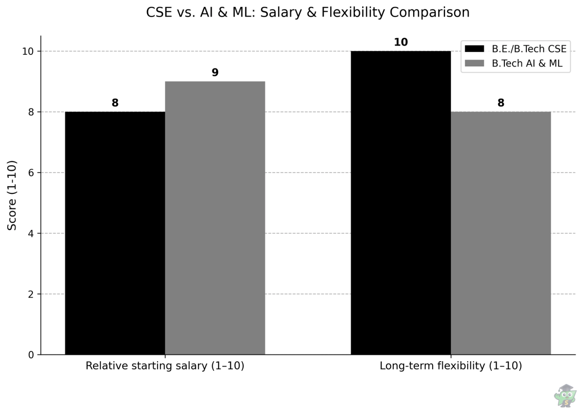 Simple bar chart comparing relative starting salary and long‑term flexibility of CSE versus AI & ML degrees for Tamil Nadu engineering students.