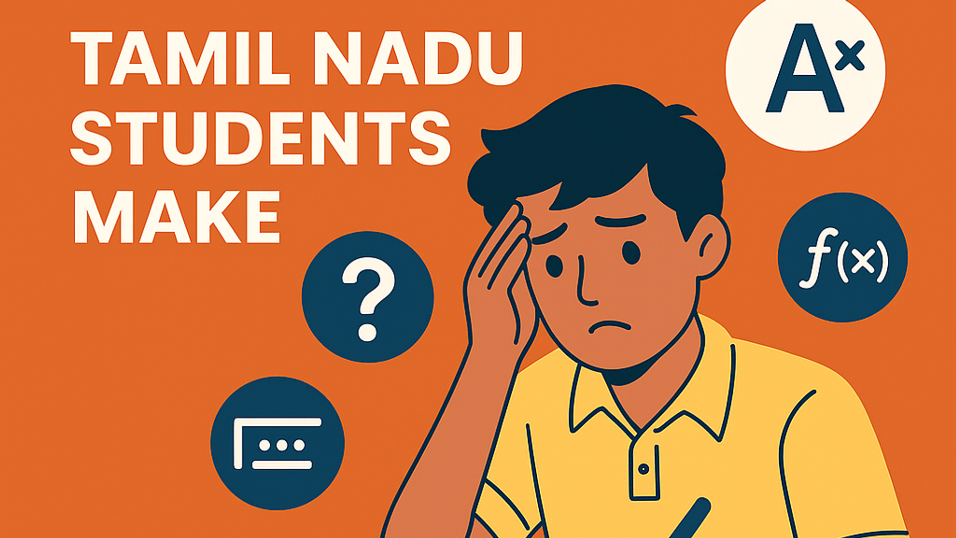 An illustration of a confused student in a yellow shirt struggling with JEE study material, surrounded by math and exam symbols, highlighting common mistakes Tamil Nadu students make in JEE preparation.