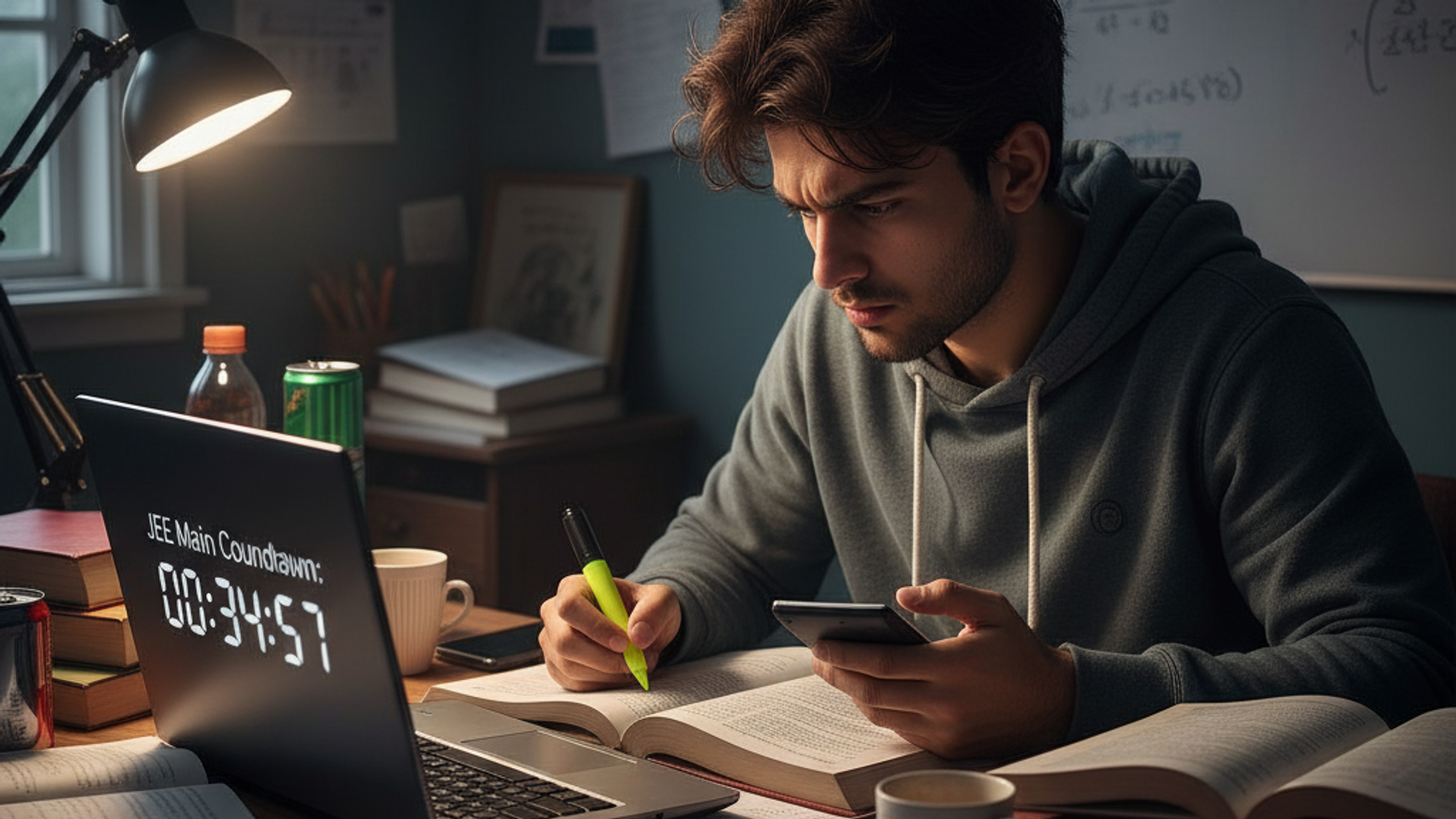 A focused student studying late at night with books, laptop, calculator, and a visible countdown timer for JEE Main, preparing intensely during the last 30 days before the exam.