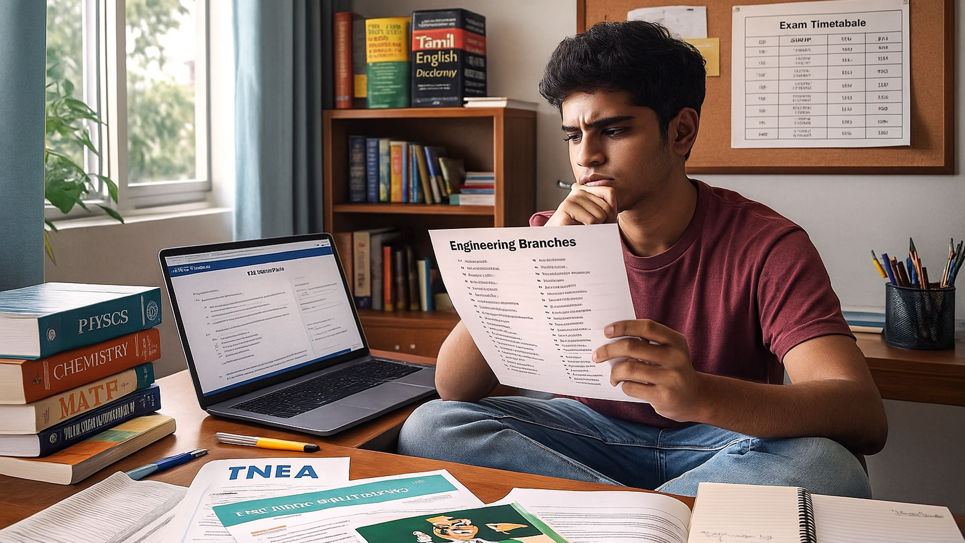 A Tamil Nadu student thoughtfully compares engineering branches at a study desk, surrounded by entrance exam materials and the Prof Sam mascot.