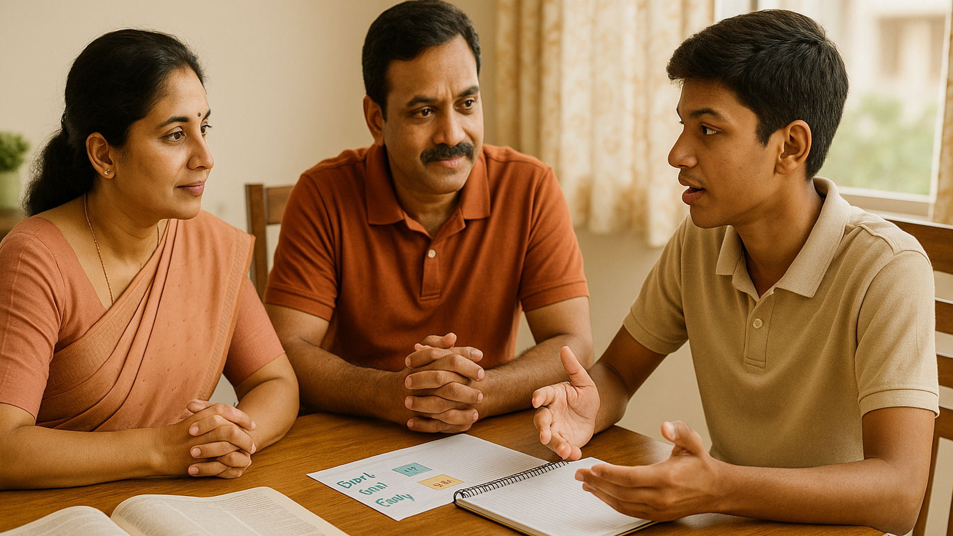 Tamil Nadu Class 12 student studying at home with supportive parents during engineering admission season with TNEA counselling materials visible.