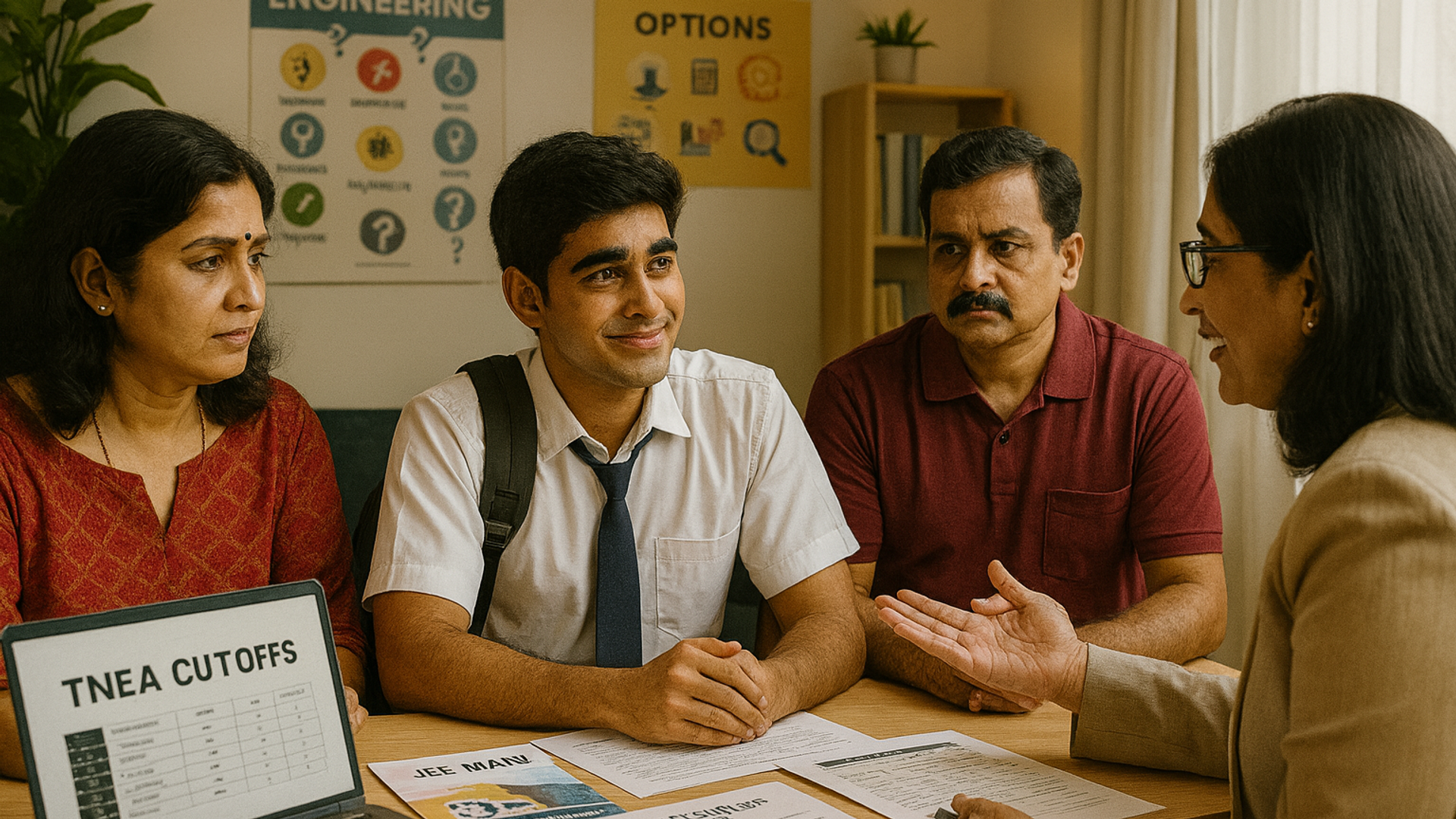 Tamil Nadu Class 12 student and parents discussing engineering college options with professional career counsellor in modern counseling room