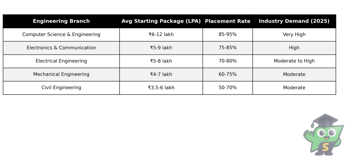 Engineering branch placement trends displaying average packages, placement rates, and industry demand for CSE, ECE, Mechanical, Civil, and Electrical branches