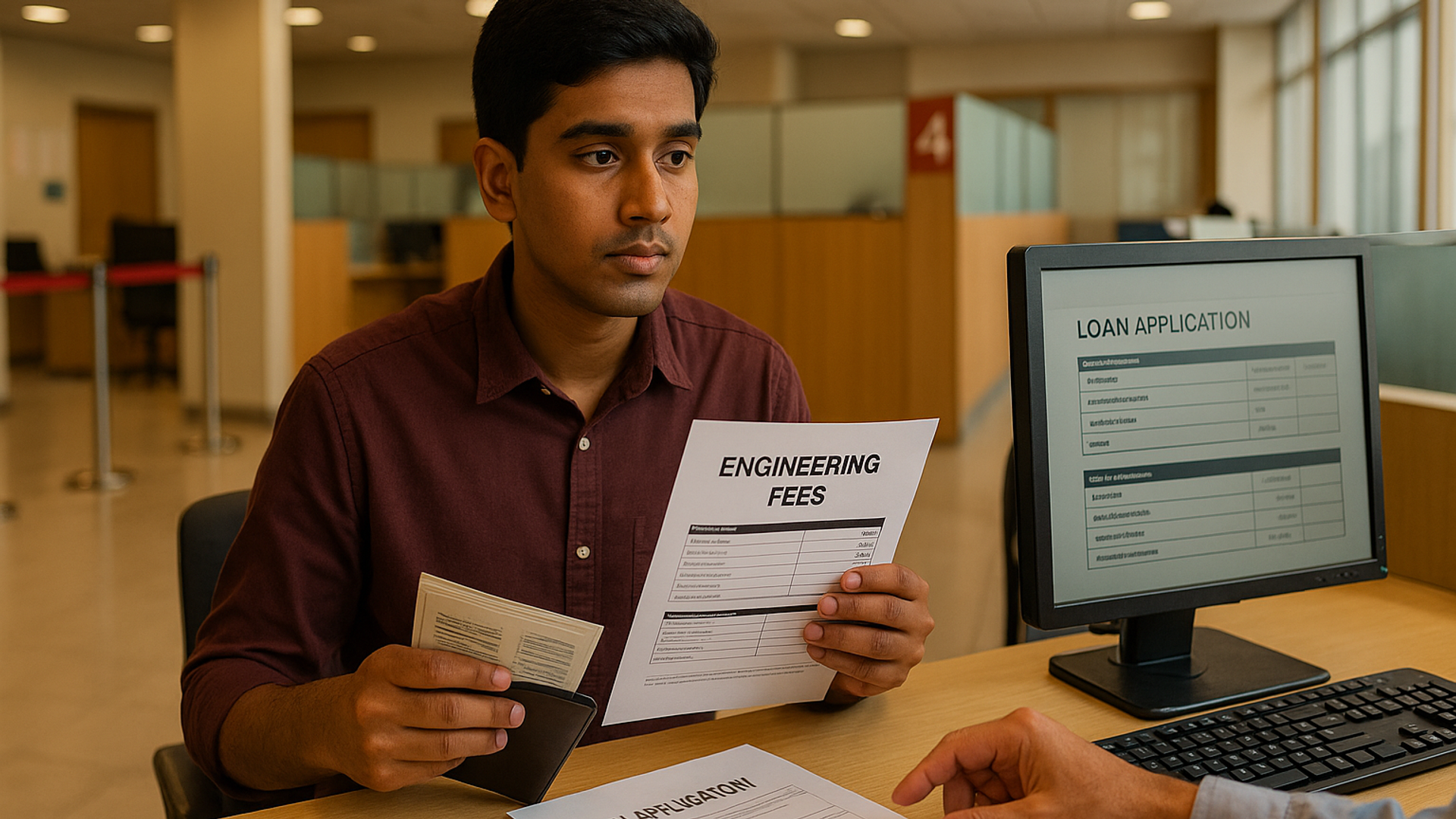 Tamil Nadu engineering student planning finances for four years with budget papers, TNEA cutoffs, and laptop showing expense spreadsheet