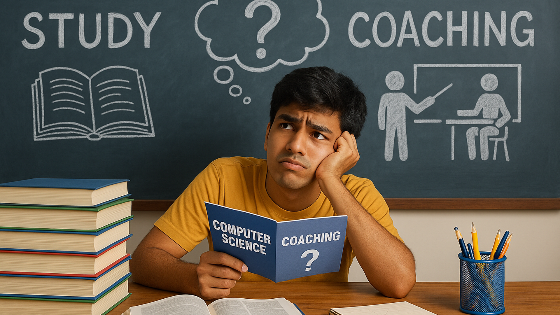 Tamil Nadu Class 12 student deciding about engineering coaching at a study table with board and JEE books, exam timetable and college brochures.