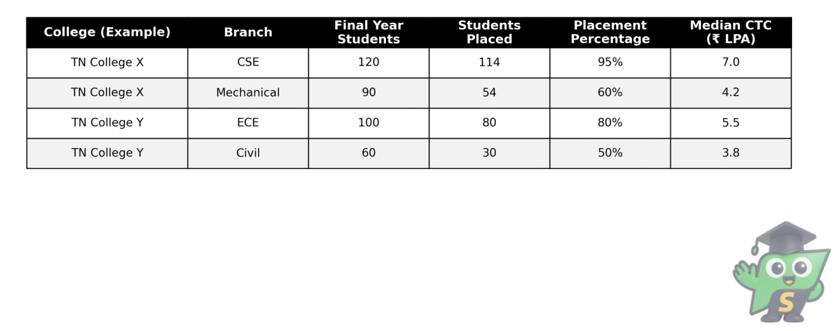 Black and white table showing different placement percentages and median salaries for CSE, ECE, Mechanical and Civil branches in example colleges.