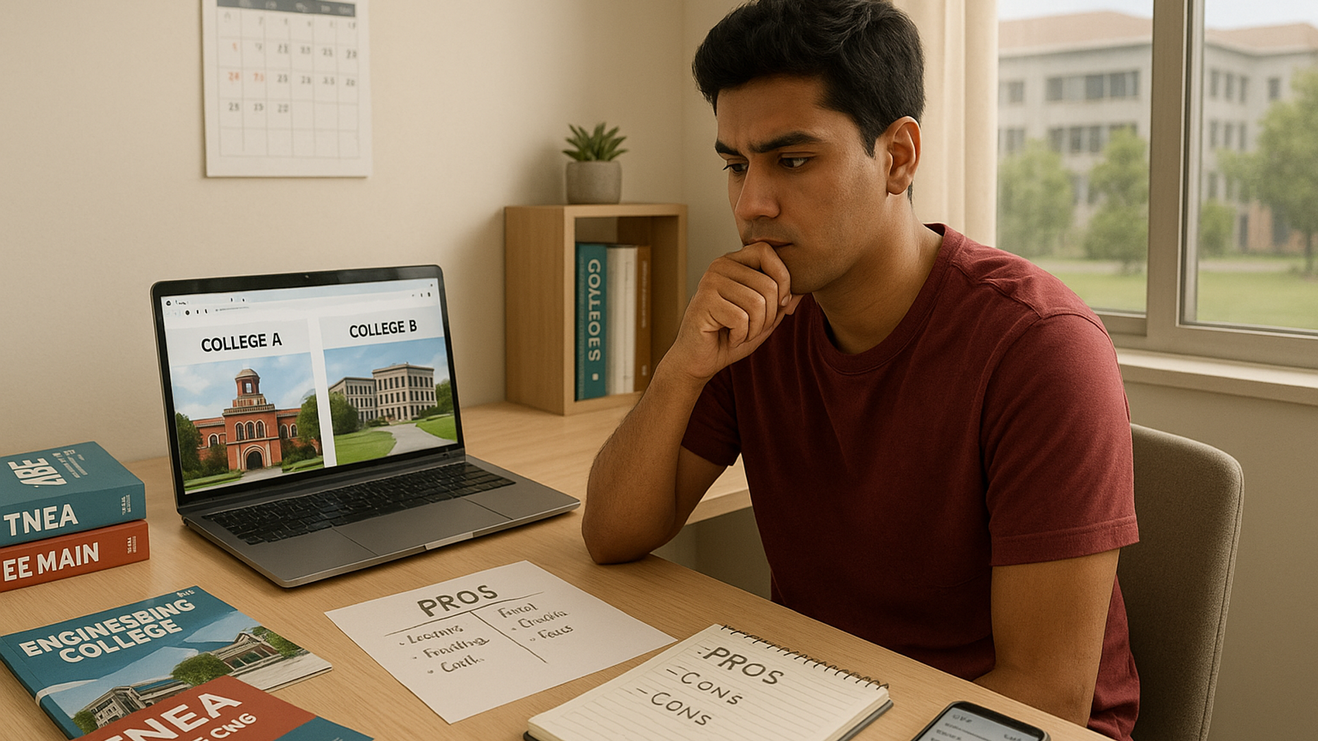 Tamil Nadu student choosing engineering college with laptop, books, and college brochures on study desk