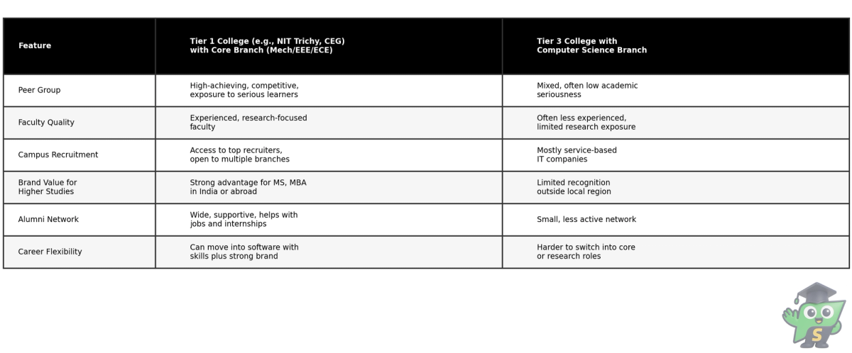 Black and white table comparing Tier 1 colleges with core branches and Tier 3 colleges with Computer Science for long term careers.