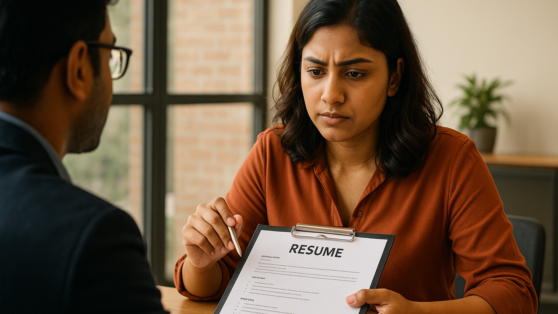 Tamil Nadu Class 12 student and parent reviewing engineering college placement brochures and NIRF sheet at a study table.