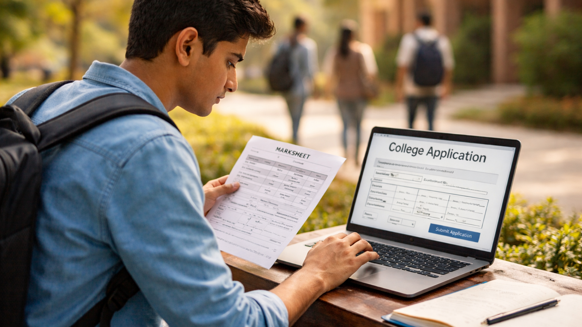 Tamil Nadu Class 12 student in a study room reviewing results and engineering college options on a laptop with papers and books around.