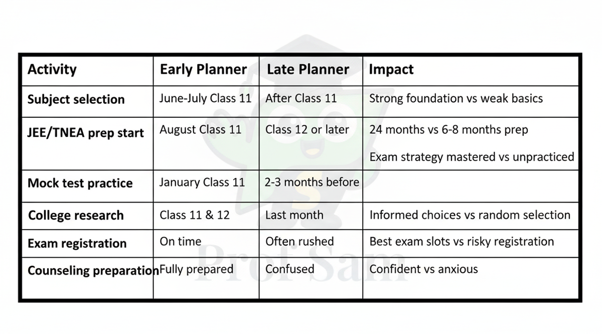 Comparison table showing early planning versus late planning timeline for Tamil Nadu engineering students covering subject selection, JEE preparation, mock tests, college research, and counseling with impact on admission success