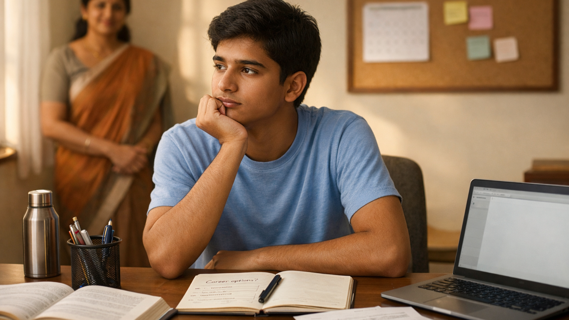 Tamil Nadu Class 12 student studying with board admit card, JEE form, and TNEA college brochure on desk, representing the balance between board exams and entrance exam preparation for engineering college admissions.