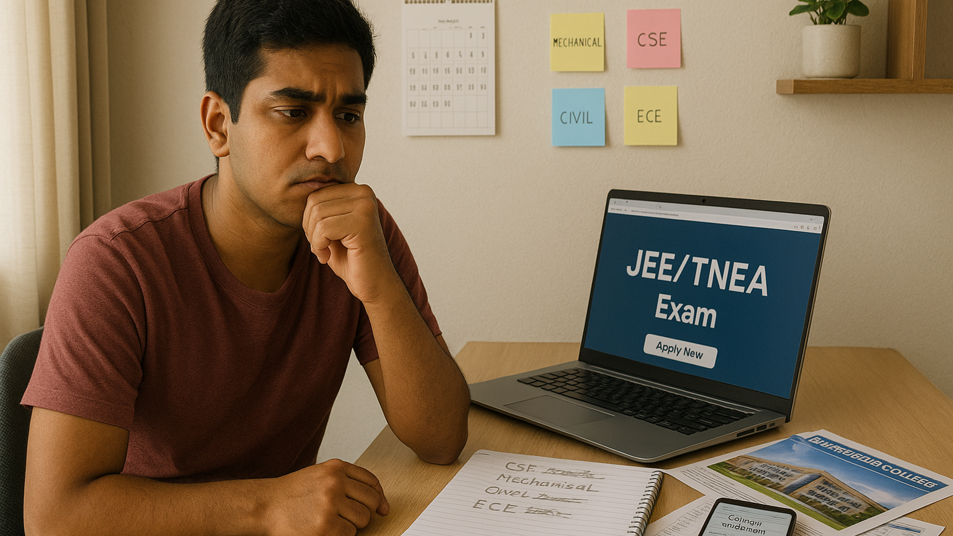 Tamil Nadu engineering student thoughtfully comparing branch options with TNEA papers, college brochures, and exam materials on study desk