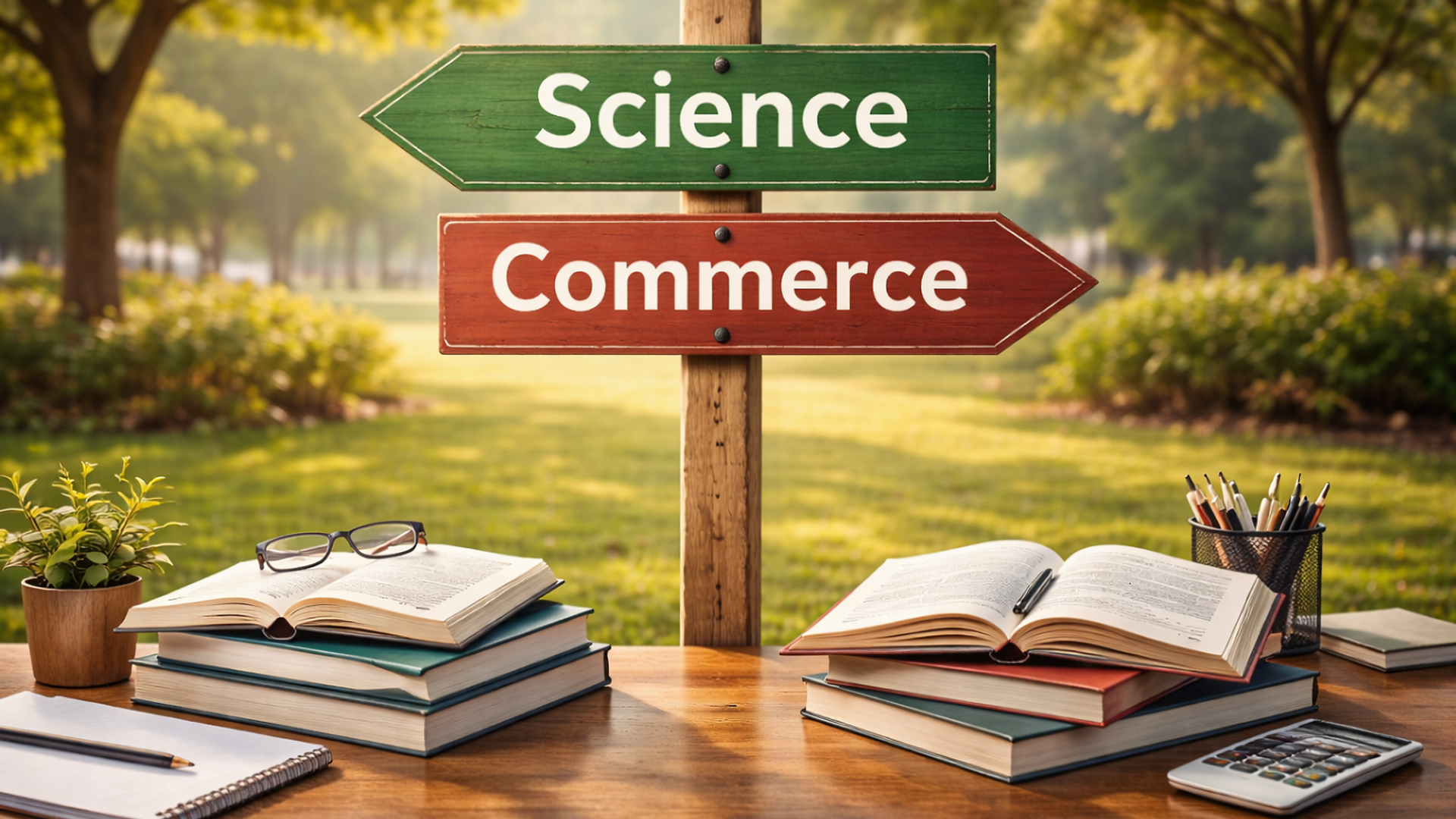 Visual representation of switching streams after school, with Science and Commerce signboards and study books.