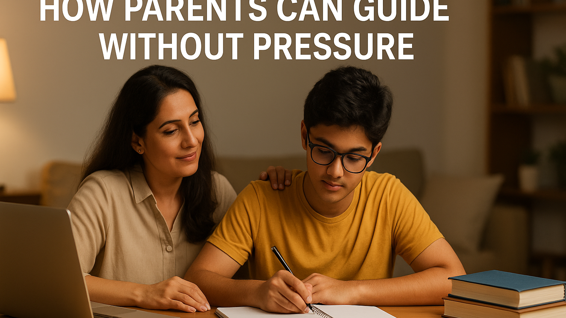 Tamil Nadu Class 12 student discussing engineering counseling options calmly with parents in a supportive living room setting.