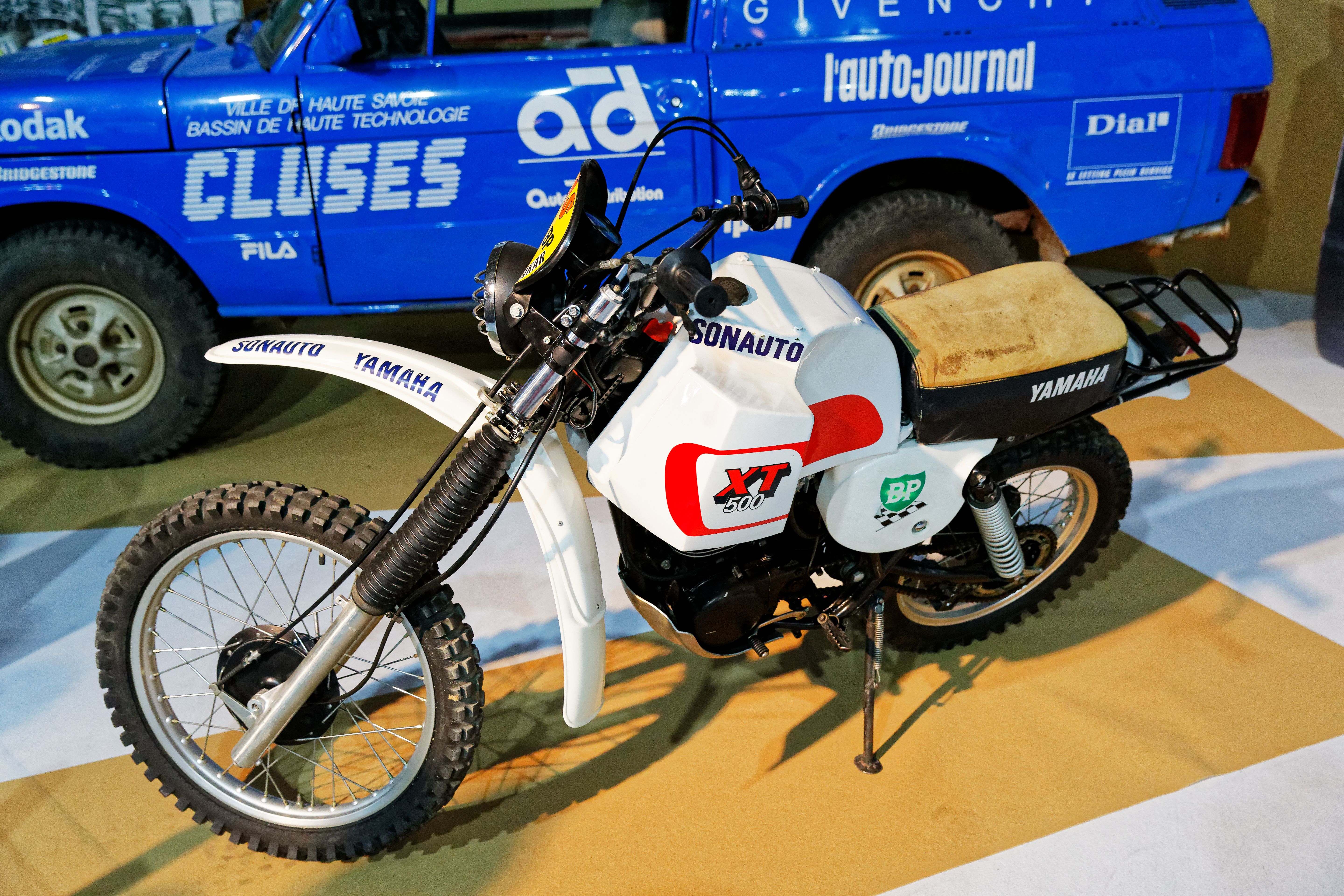 White and red Sonauto Yamaha XT500 rally bike on display at the 2018 Paris Motor Show