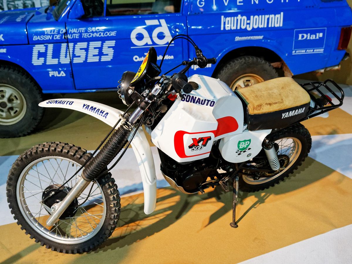 White and red Sonauto Yamaha XT500 rally bike on display at the 2018 Paris Motor Show
