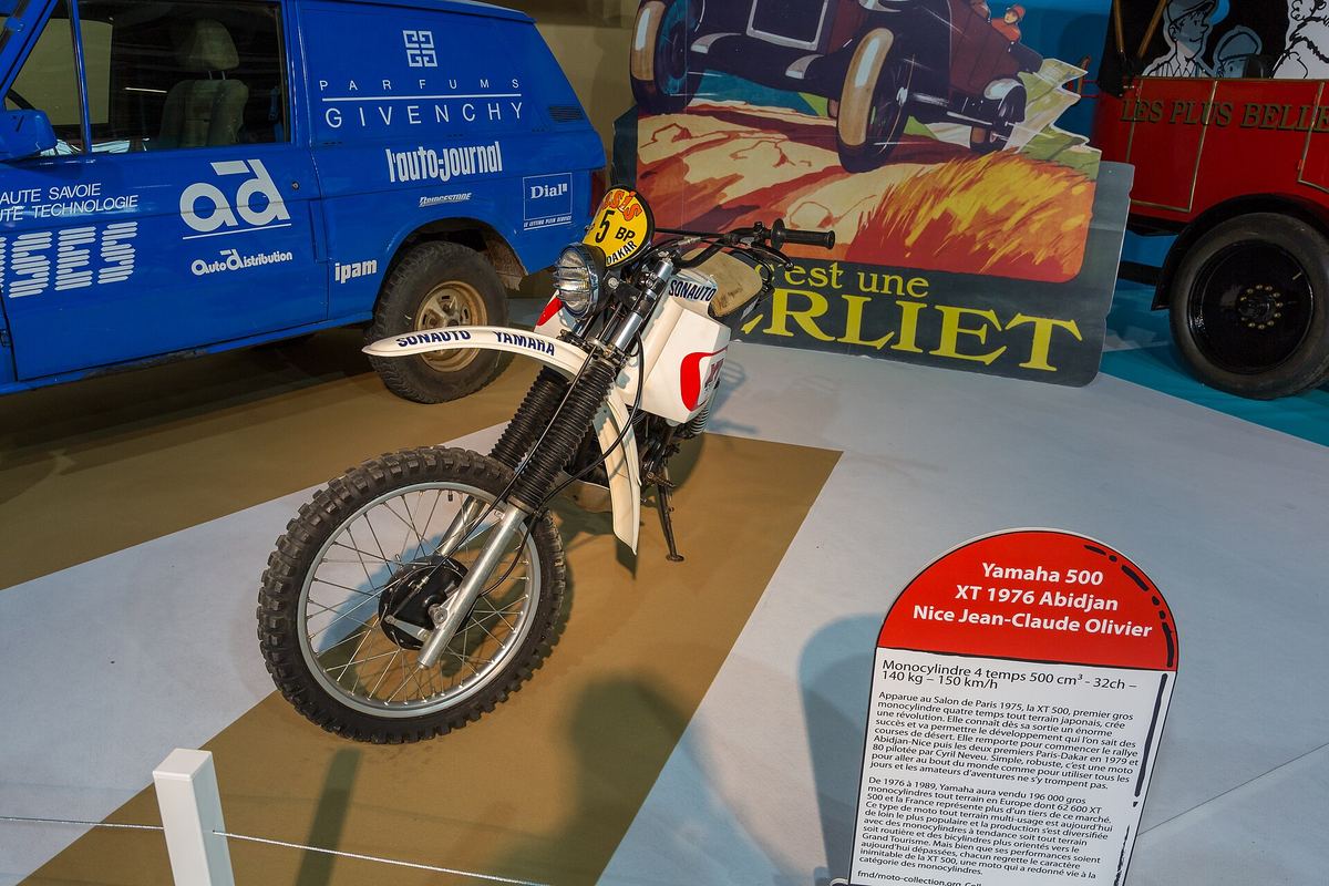 Jean-Claude Olivier's white Yamaha XT500 from the Abidjan–Nice rally on display at the 2018 Paris Motor Show