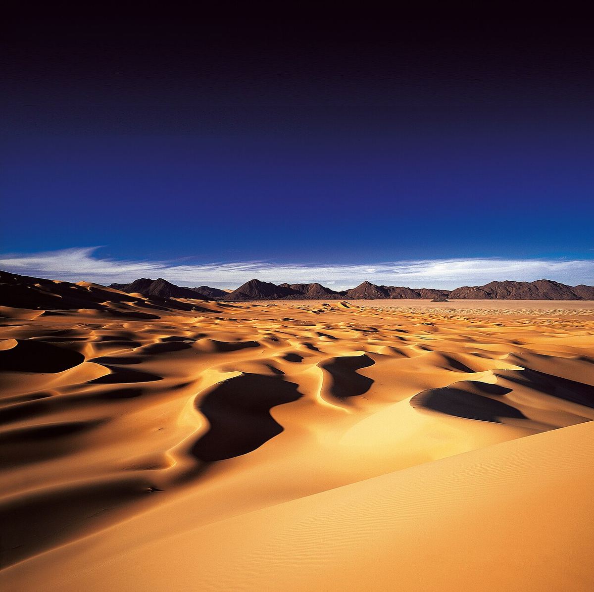 Golden sand dunes at Arakao in the Ténéré desert of Niger under a deep blue sky, with dark mountains behind