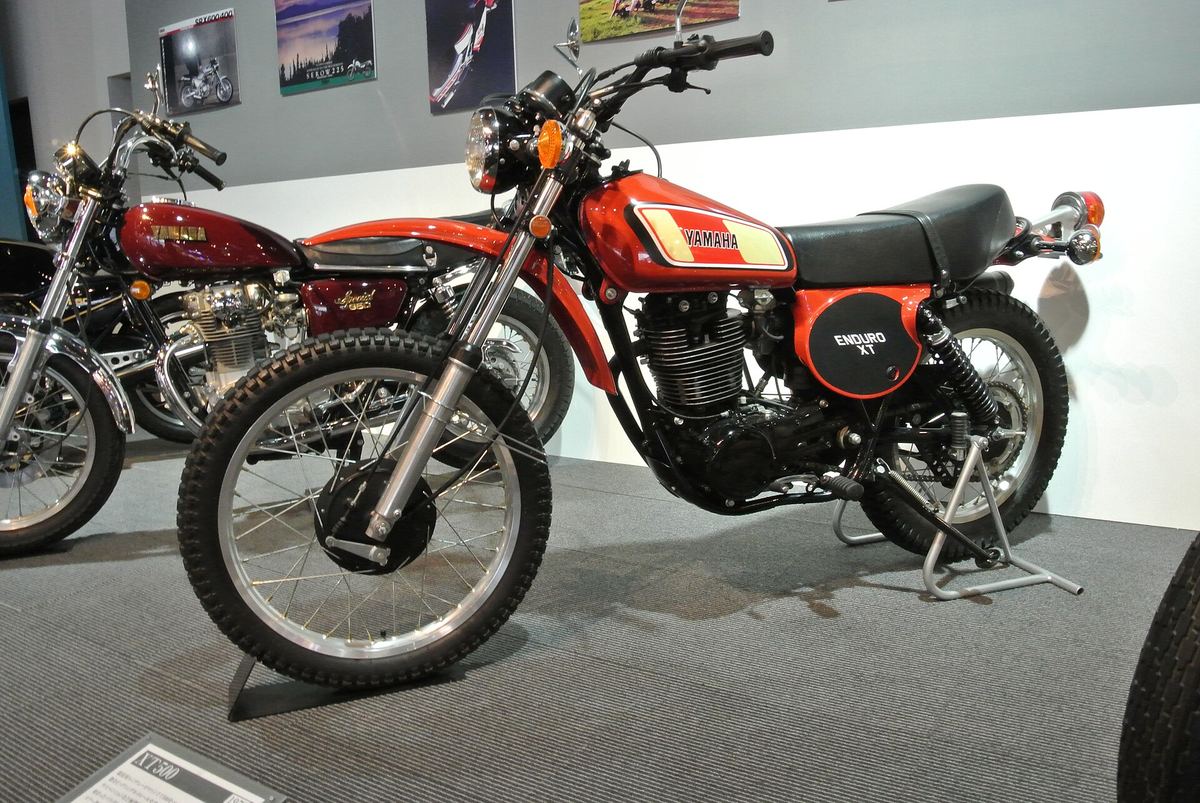 Orange 1976 Yamaha XT500 on display at the Yamaha Communication Plaza museum in Japan