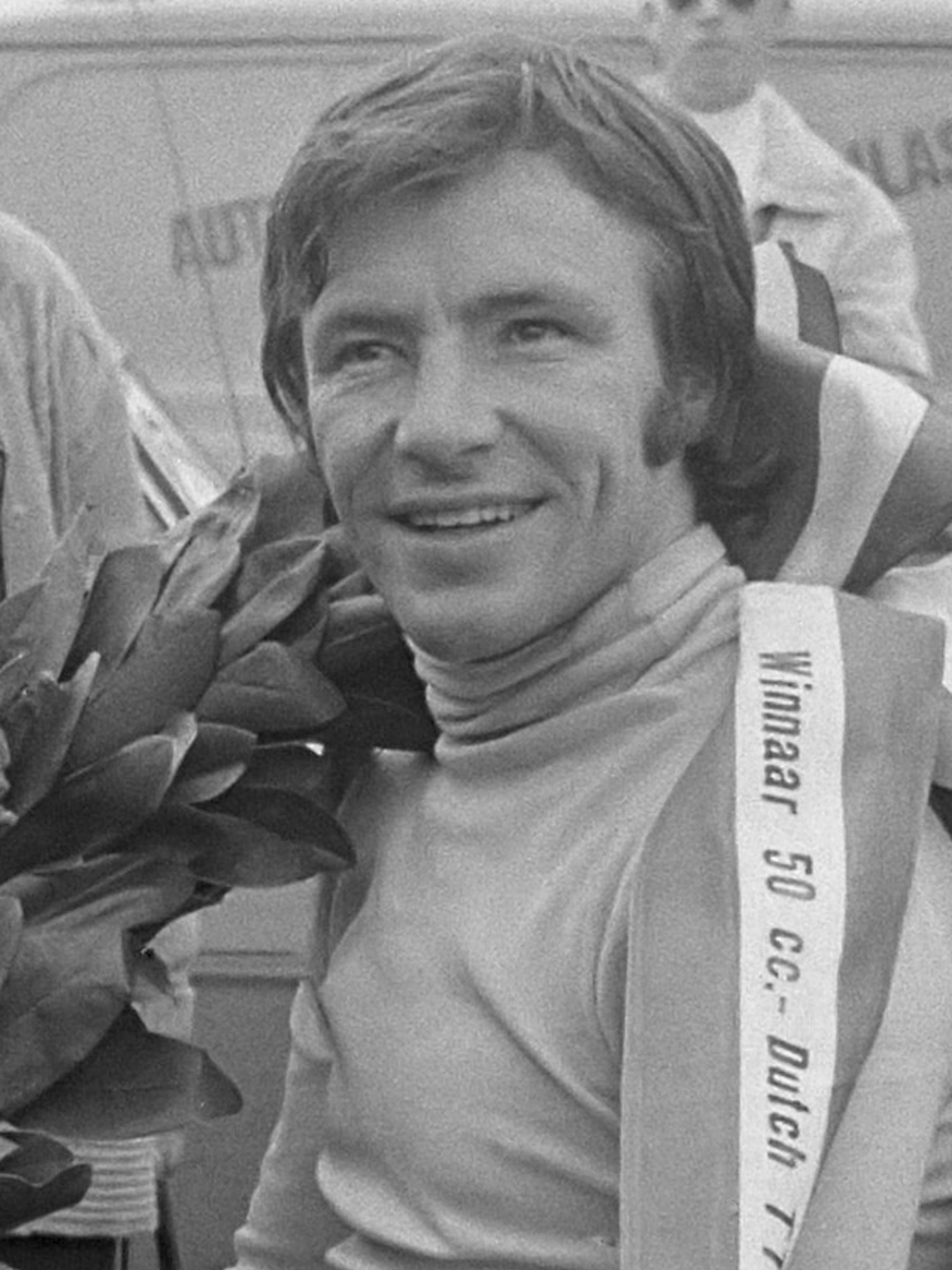 Ángel Nieto with his 50cc Derbi racer at the Dutch TT in Assen, June 1972