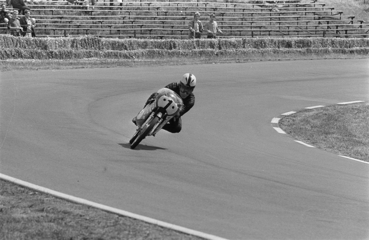 Ángel Nieto riding the 50cc Derbi during practice for the 1970 Dutch TT at Assen