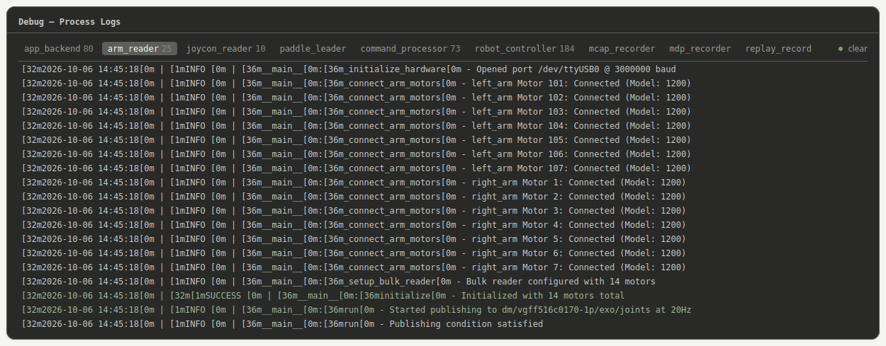 The Debug panel showing per-process logs The Debug panel showing per-process logs