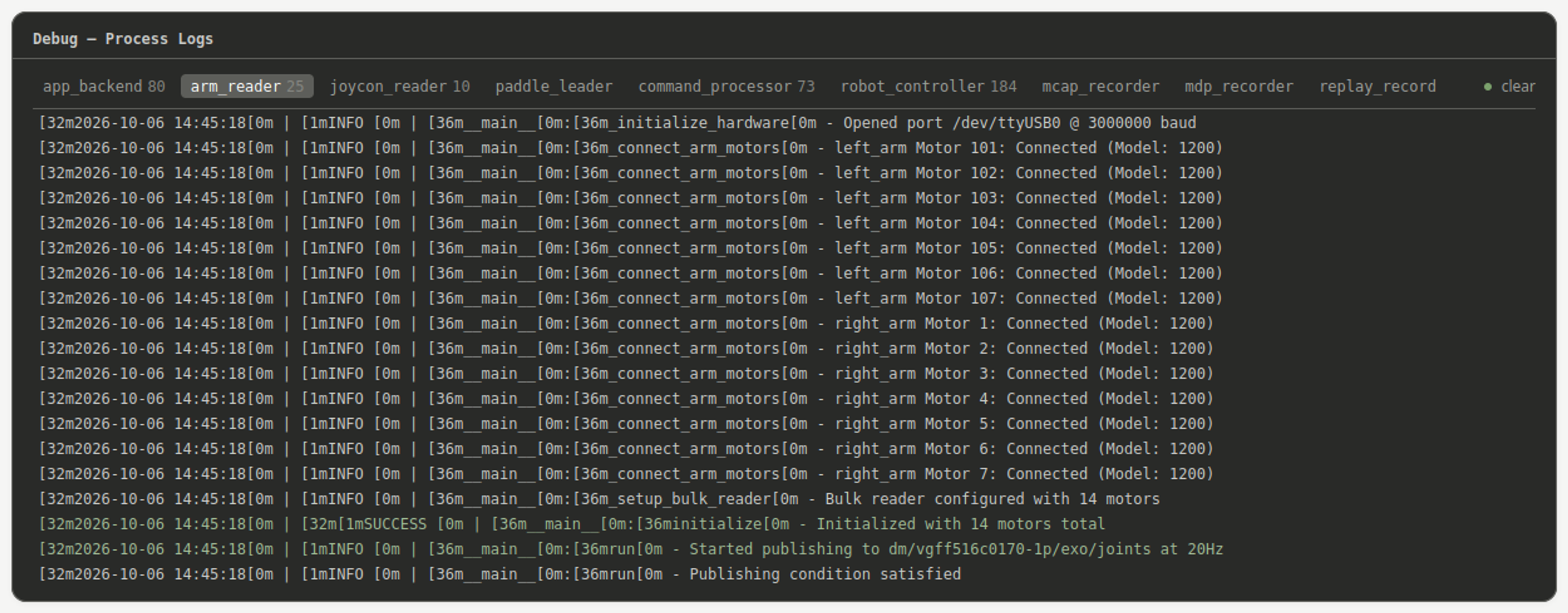 The Debug panel showing per-process logs